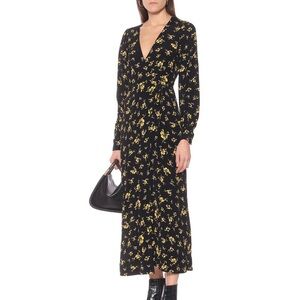 NWOT Ganni Floral Crepe Maxi Wrap Dress, Black + Yellow, Size EU 36 | S | US 4